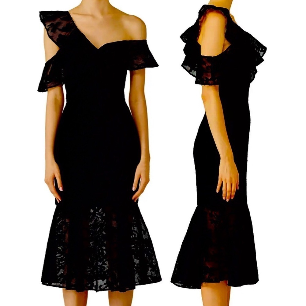 Monique Lhullier Passion Midi Dress Size 4 Black Lace Asymmetrical Cold Shoulder
